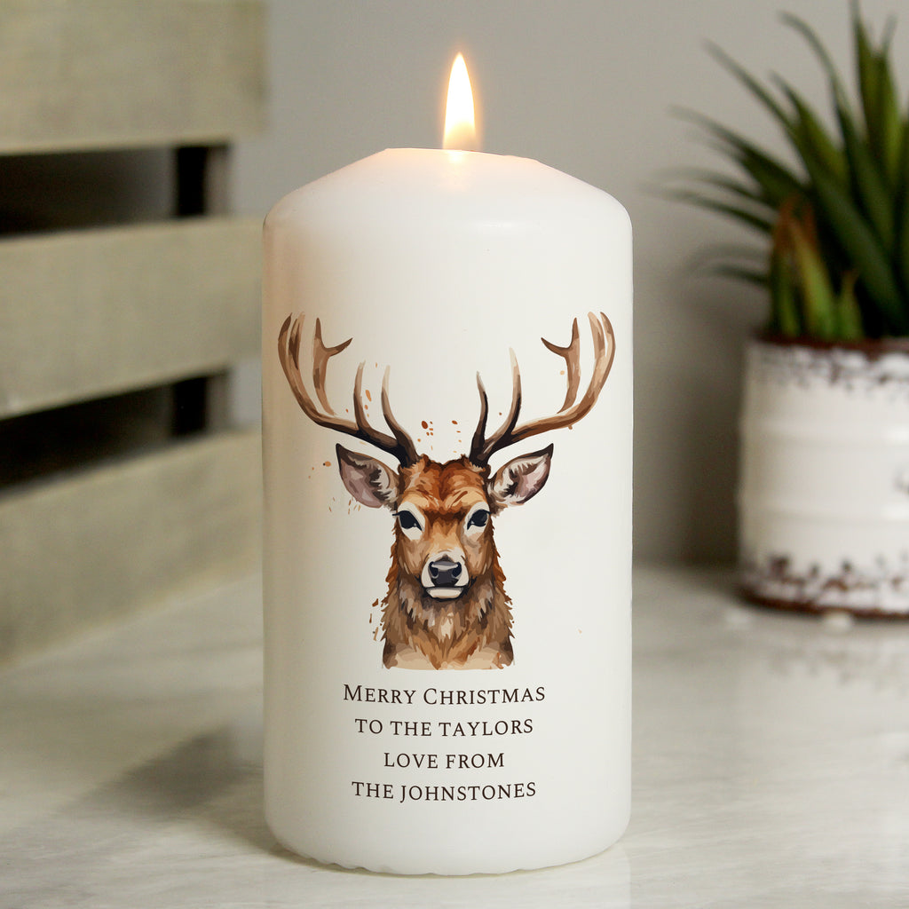 Personalised Watercolour Stag Pillar Candle | Candles & Reed Diffusers