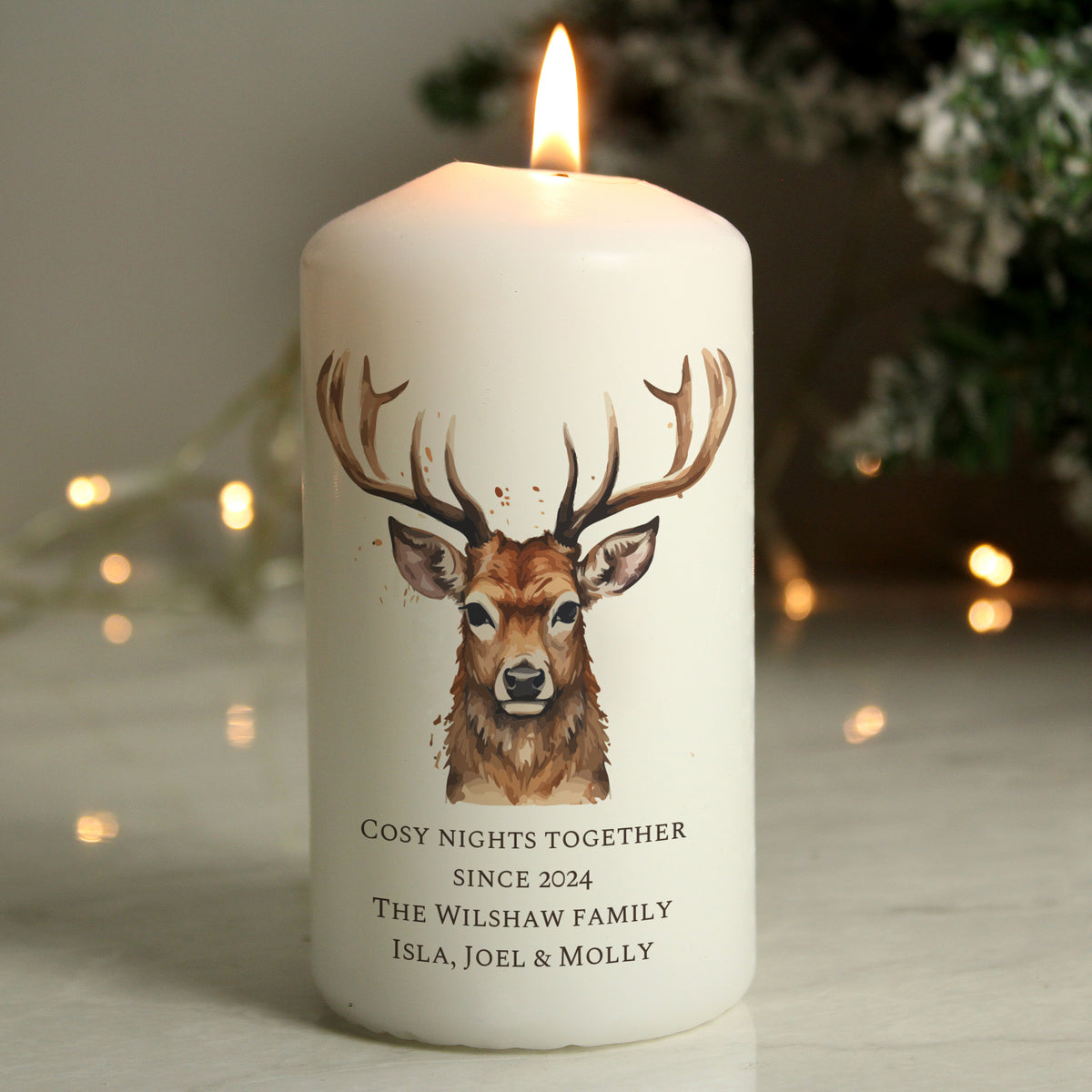 Personalised Watercolour Stag Pillar Candle | Candles & Reed Diffusers
