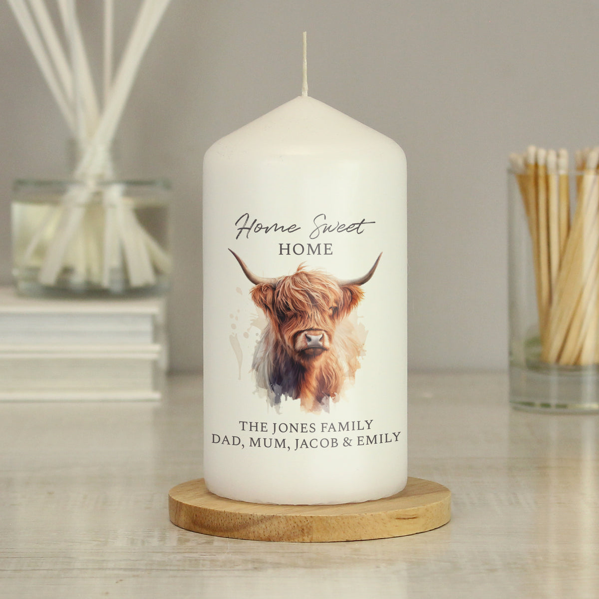 Personalised Highland Cow Pillar Candle | Candles & Reed Diffusers