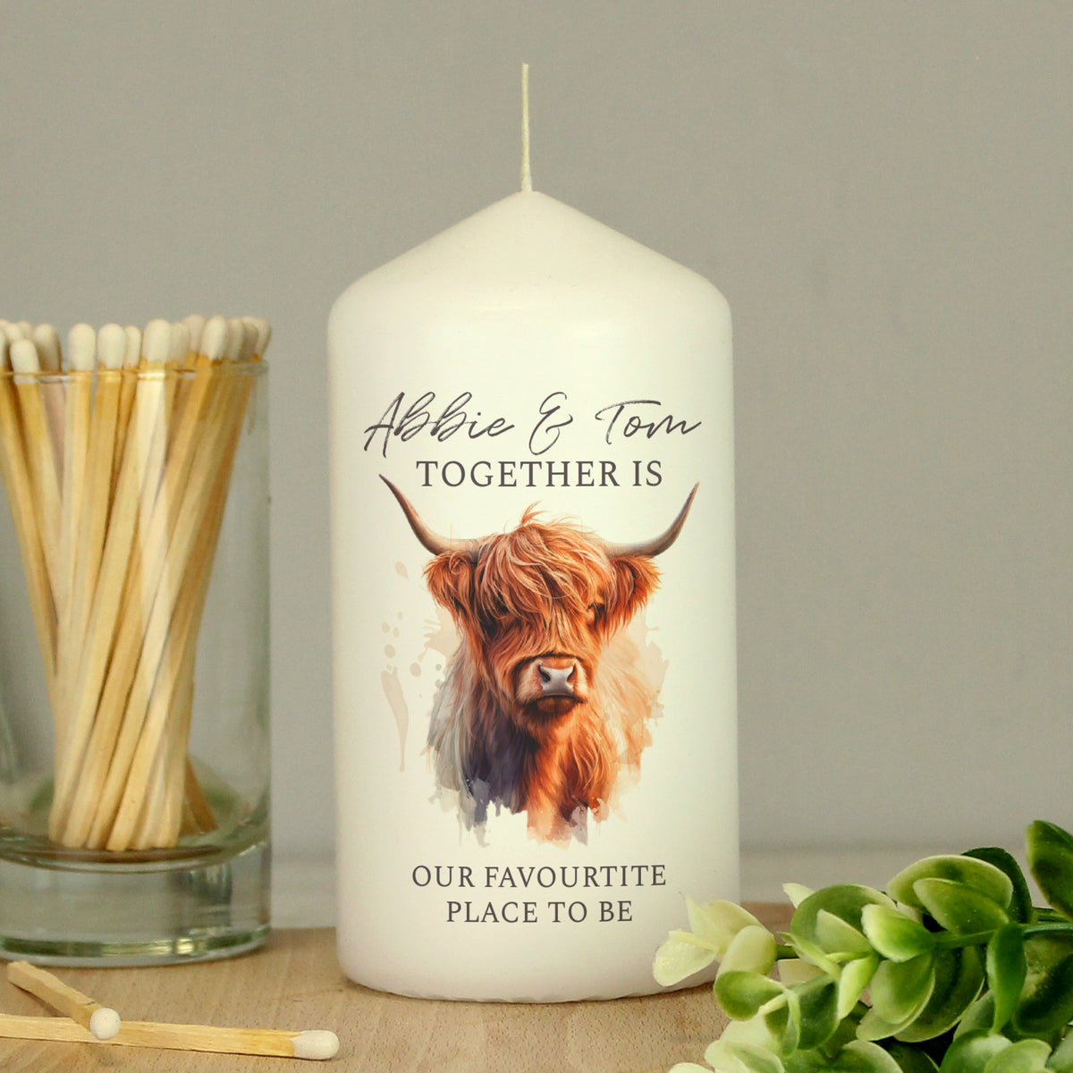 Personalised Highland Cow Pillar Candle | Candles & Reed Diffusers