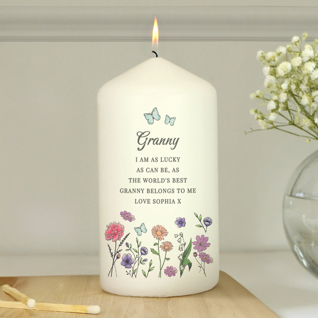 Personalised Wild Flowers Pillar Candle | Candles & Reed Diffusers