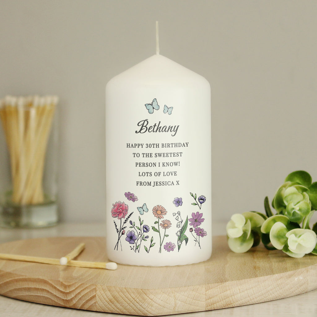 Personalised Wild Flowers Pillar Candle | Candles & Reed Diffusers