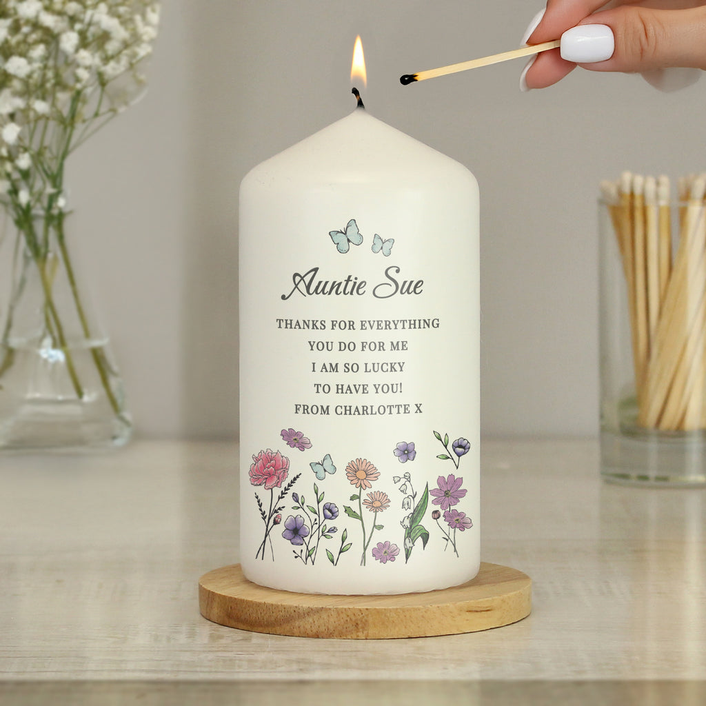 Personalised Wild Flowers Pillar Candle | Candles & Reed Diffusers
