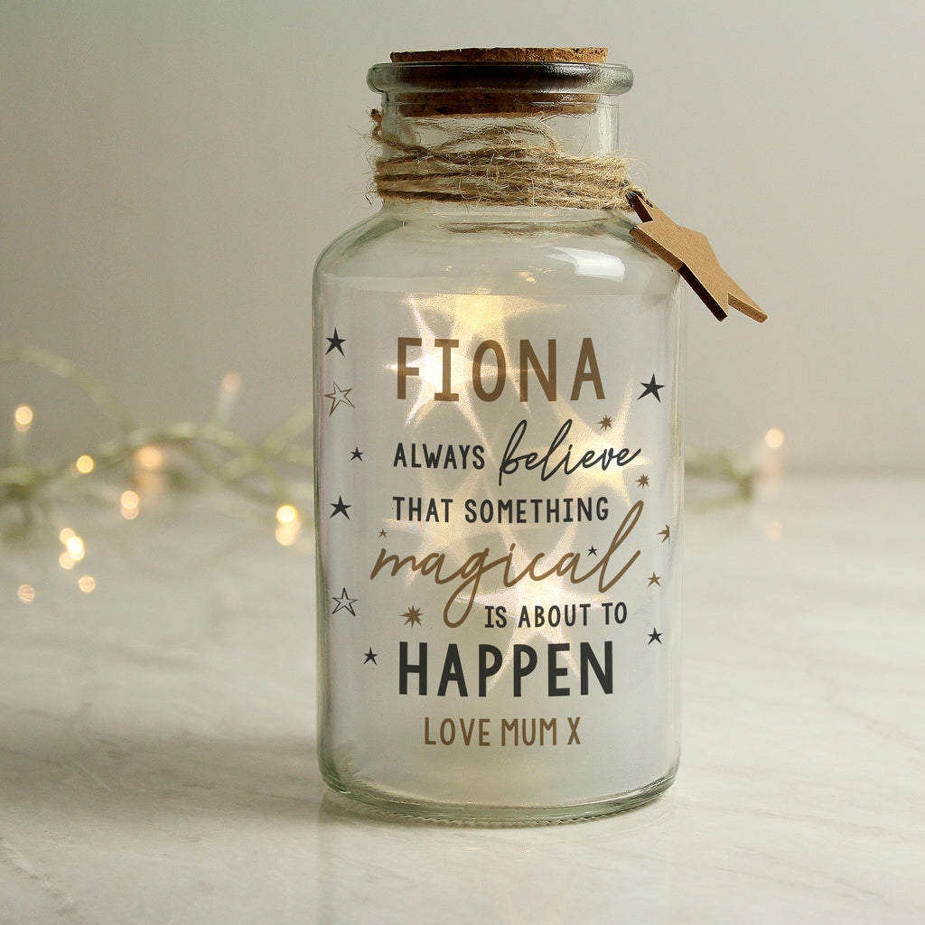 Personalised Magical Things Happen LED Glass Jar for Christmas