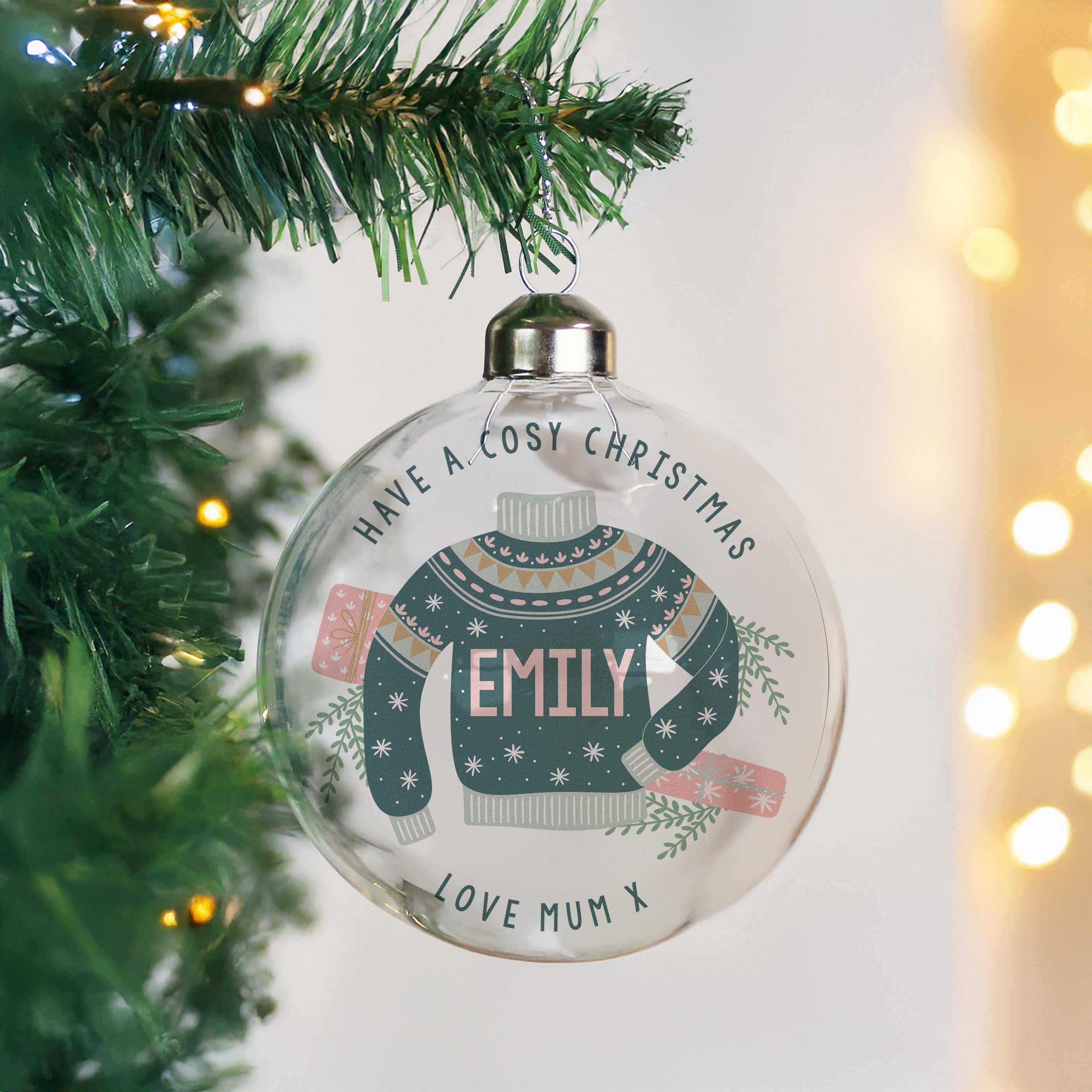 Personalised Cosy Christmas Glass Bauble |  | Inspired Creative Gifts