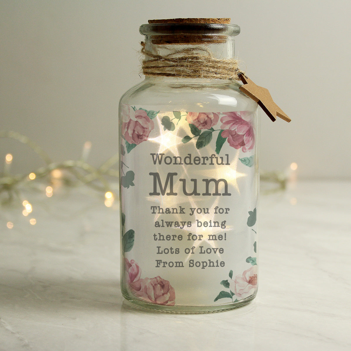 Personalised Floral Watercolour LED Glass Jar | LED Lights, Candles & Decorations | Mother's Day Gift