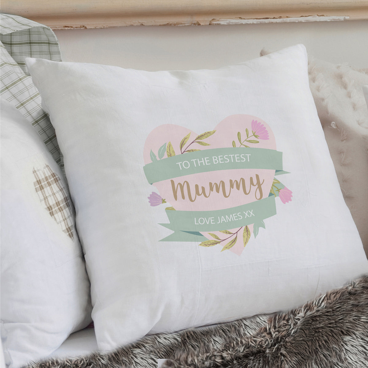 Personalised Floral Heart Mothers Day Cream Cushion | Gift for Her