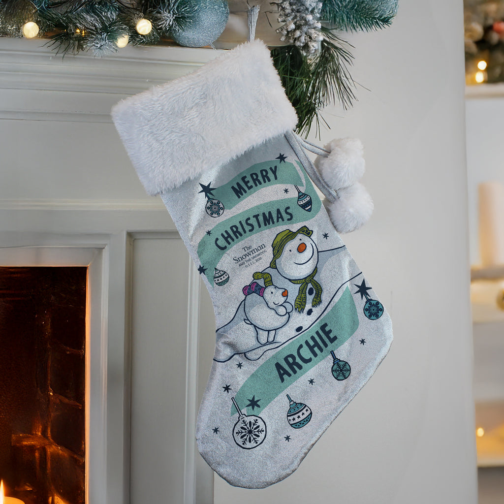 Personalised The Snowman and the Snowdog Luxury Silver Grey Stocking | Christmas Stocking