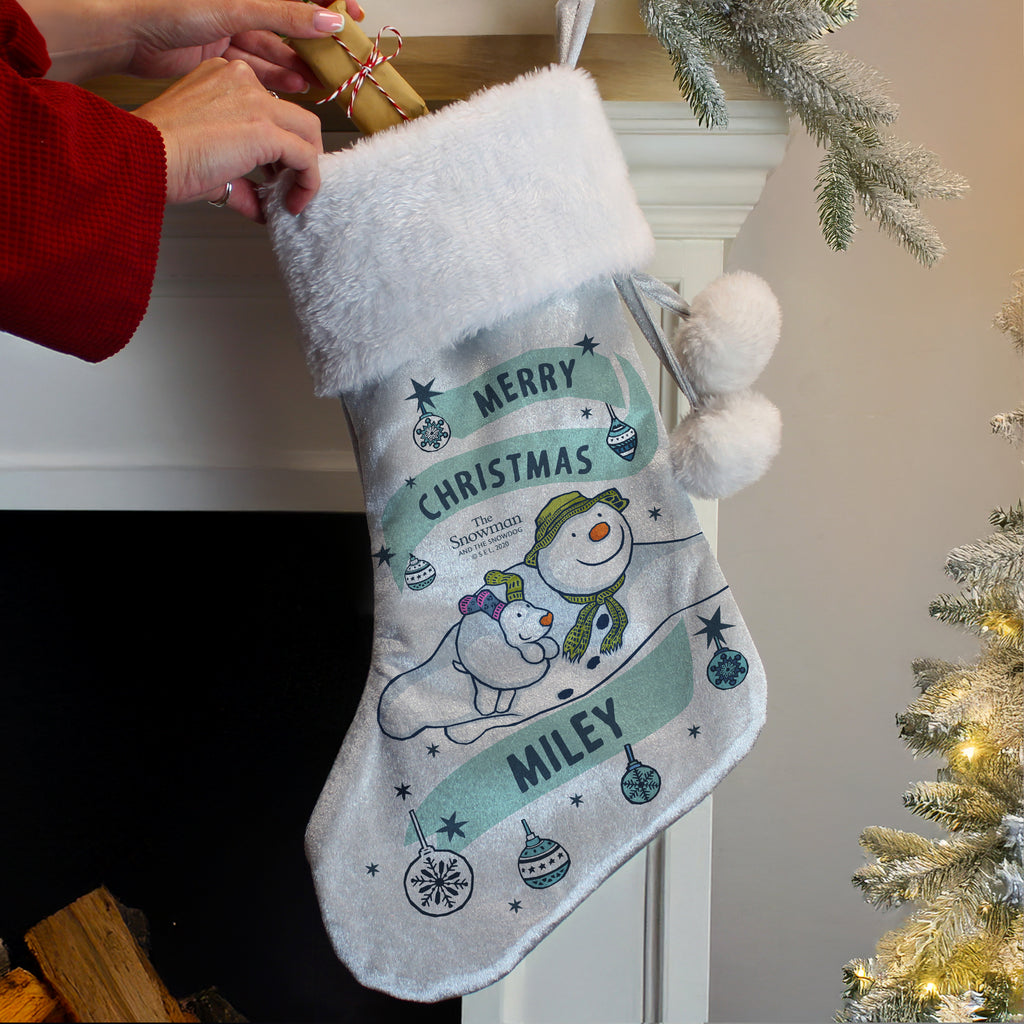 Personalised The Snowman and the Snowdog Luxury Silver Grey Stocking | Christmas Stocking