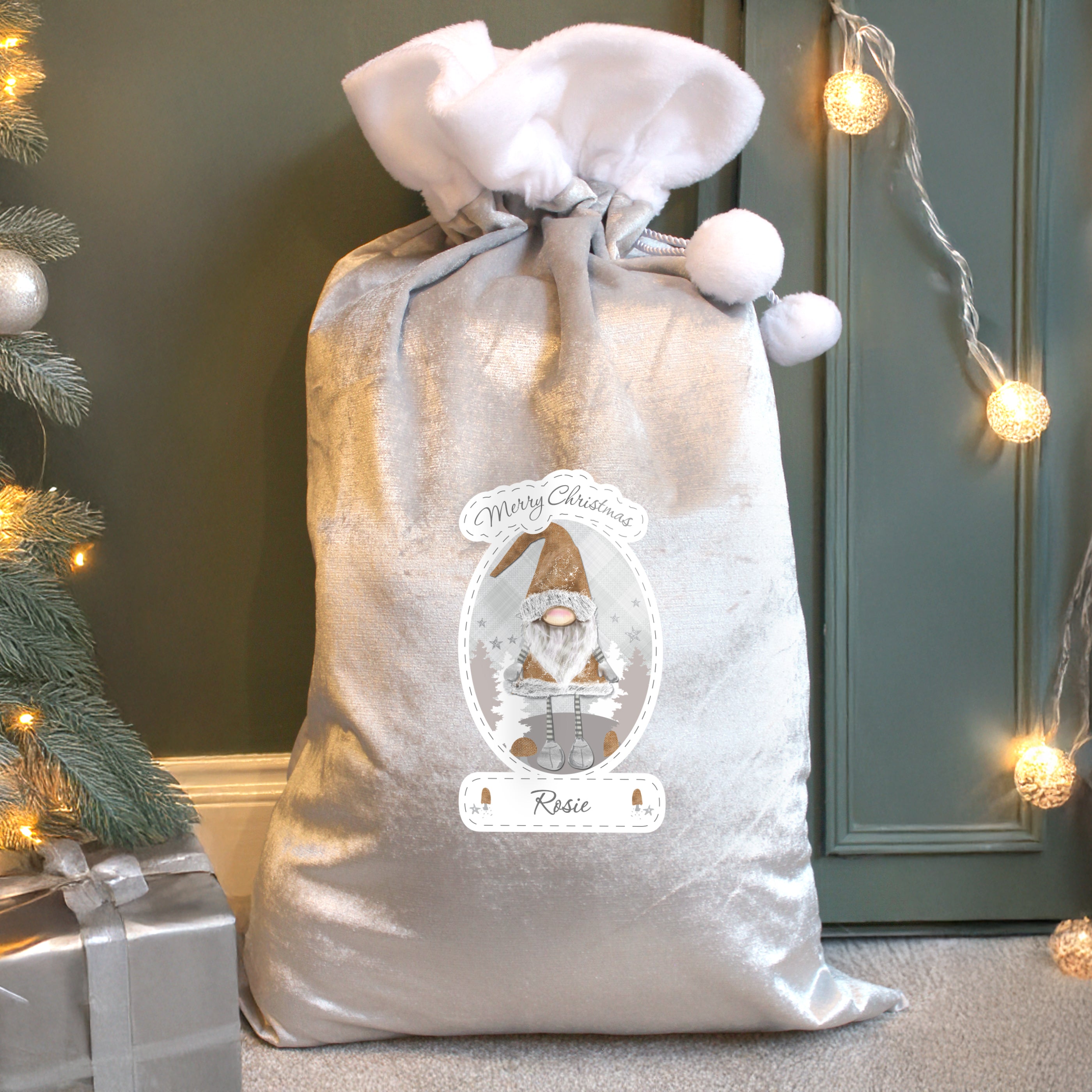 Personalised Christmas Gonk Luxury Silver Grey Pom Pom Sack |  | Inspired Creative Gifts