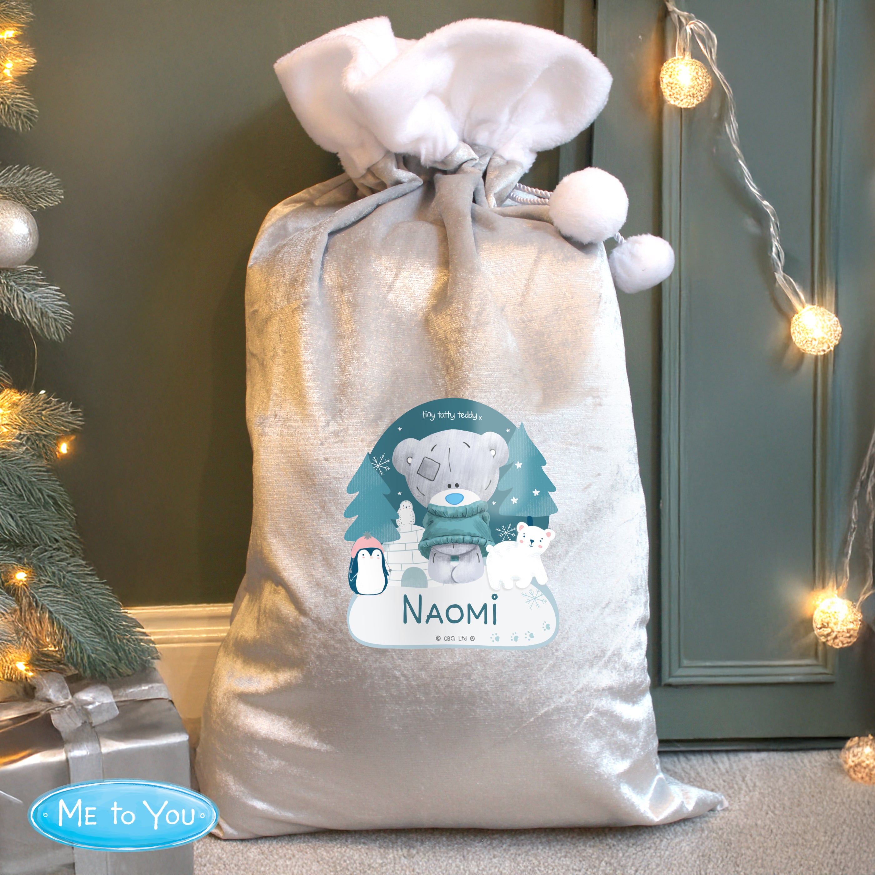 Personalised Winter Explorer Tiny Tatty Teddy Luxury Silver Grey Pom Pom Sack |  | Inspired Creative Gifts