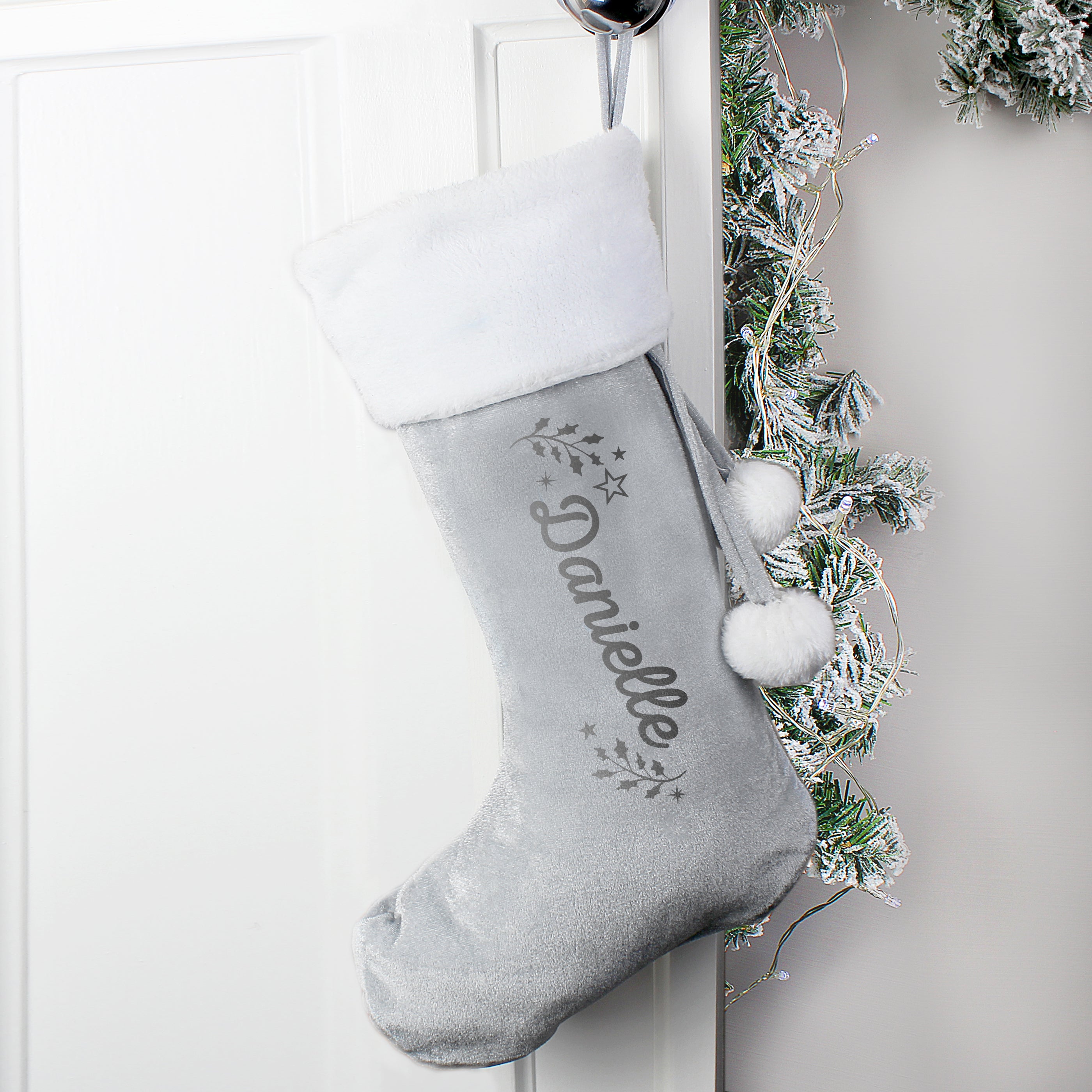 Personalised Holly Grey Christmas Stocking |  | Inspired Creative Gifts