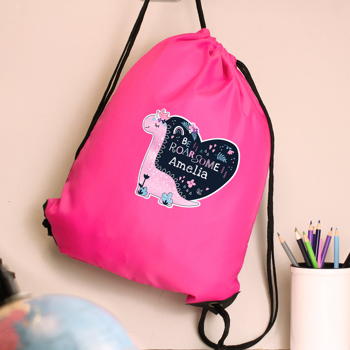 Personalised Dinosaur Pink Kit Bag | Textiles | Inspired Creative Gifts