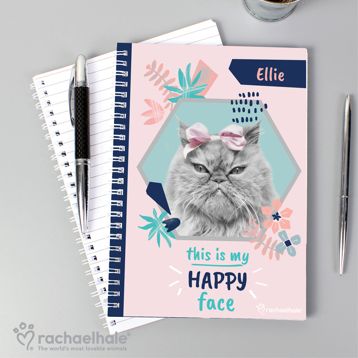Personalised Rachael Hale 'Happy Face' Cat A5 Notebook | Gift for Her