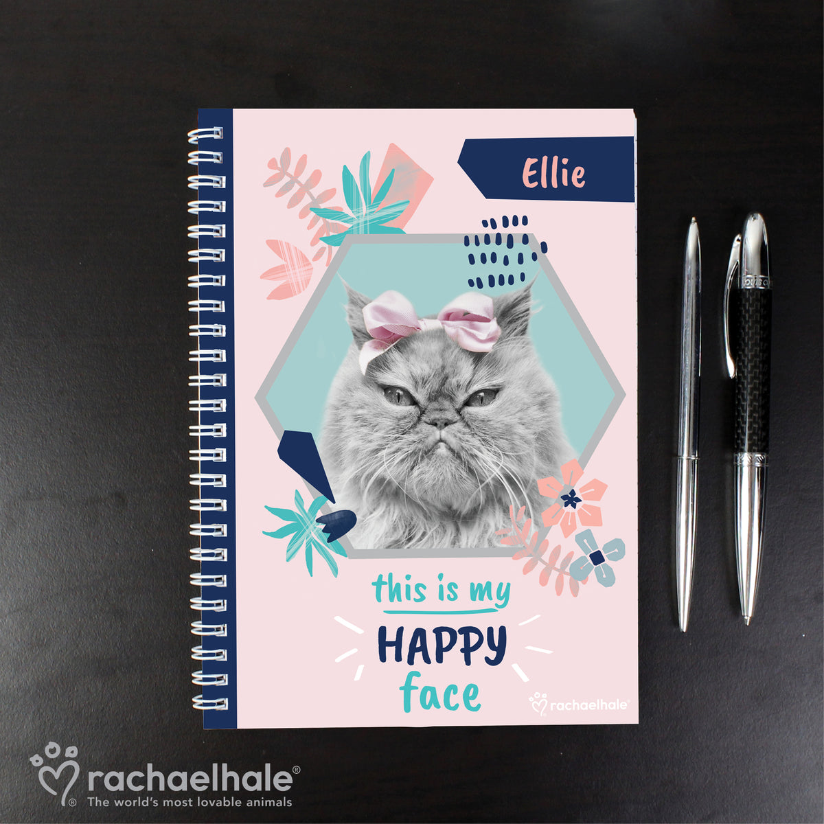 Personalised Rachael Hale 'Happy Face' Cat A5 Notebook | Gift for Her