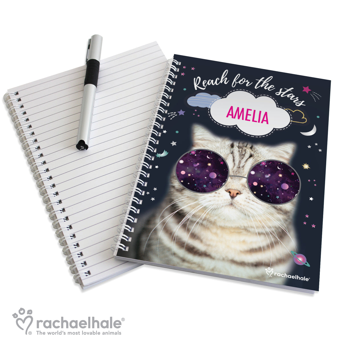 Personalised Rachael Hale Space Cat A5 Notebook | Stationery & Pens