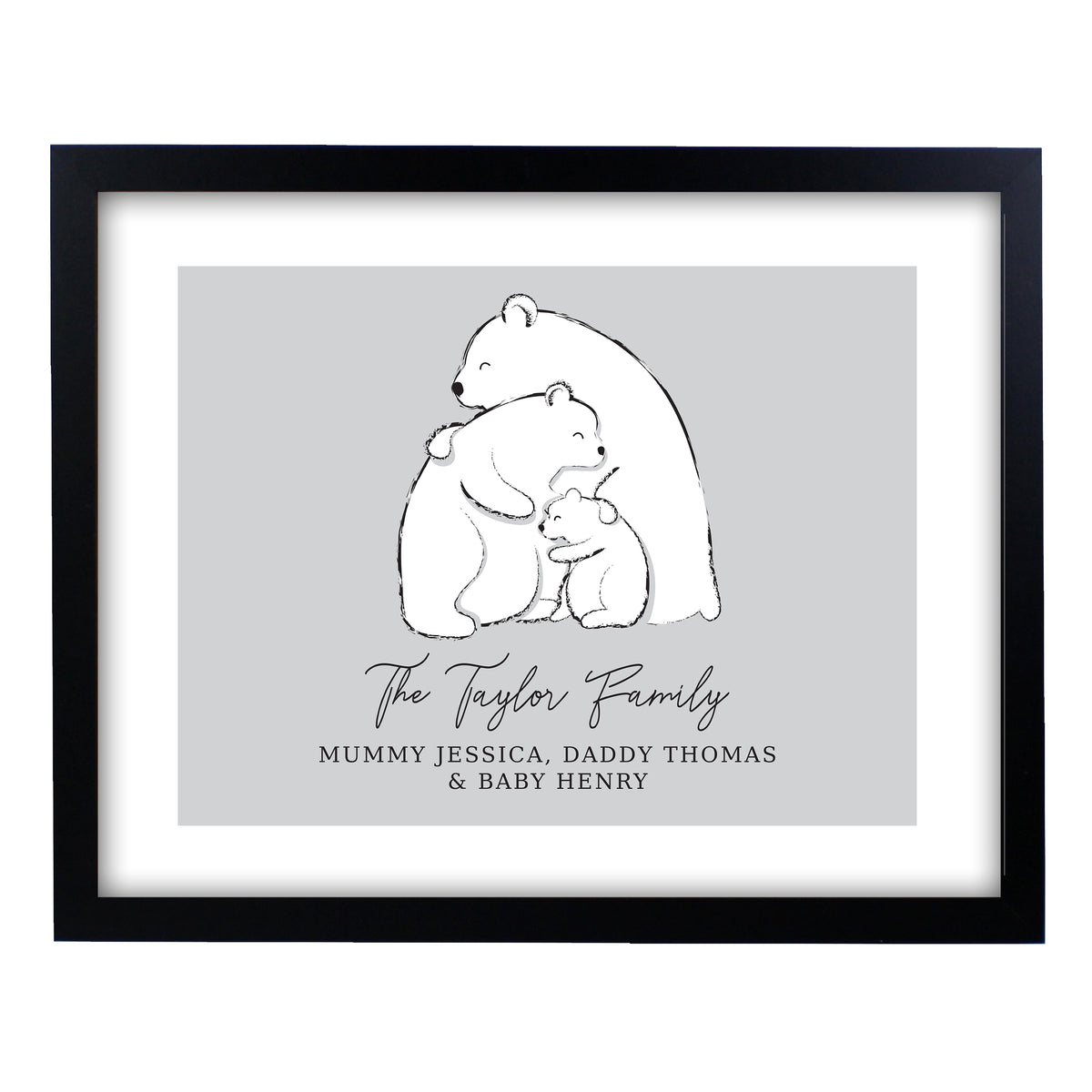 Personalised Polar Bear Family Black Framed Print for Wedding