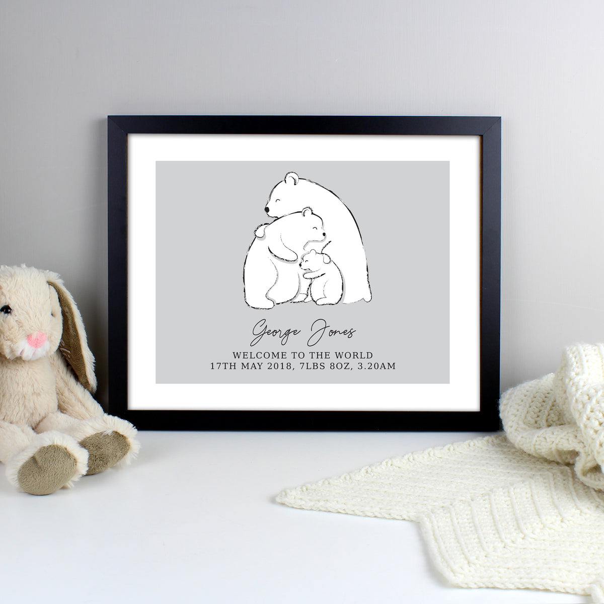 Personalised Polar Bear Family Black Framed Print for Wedding