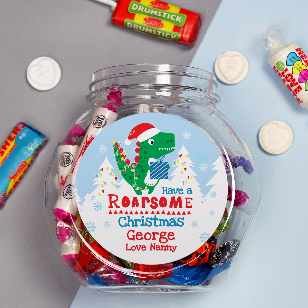 Personalised Dinosaur 'Have a Roarsome Christmas' Sweet Jar for Christmas