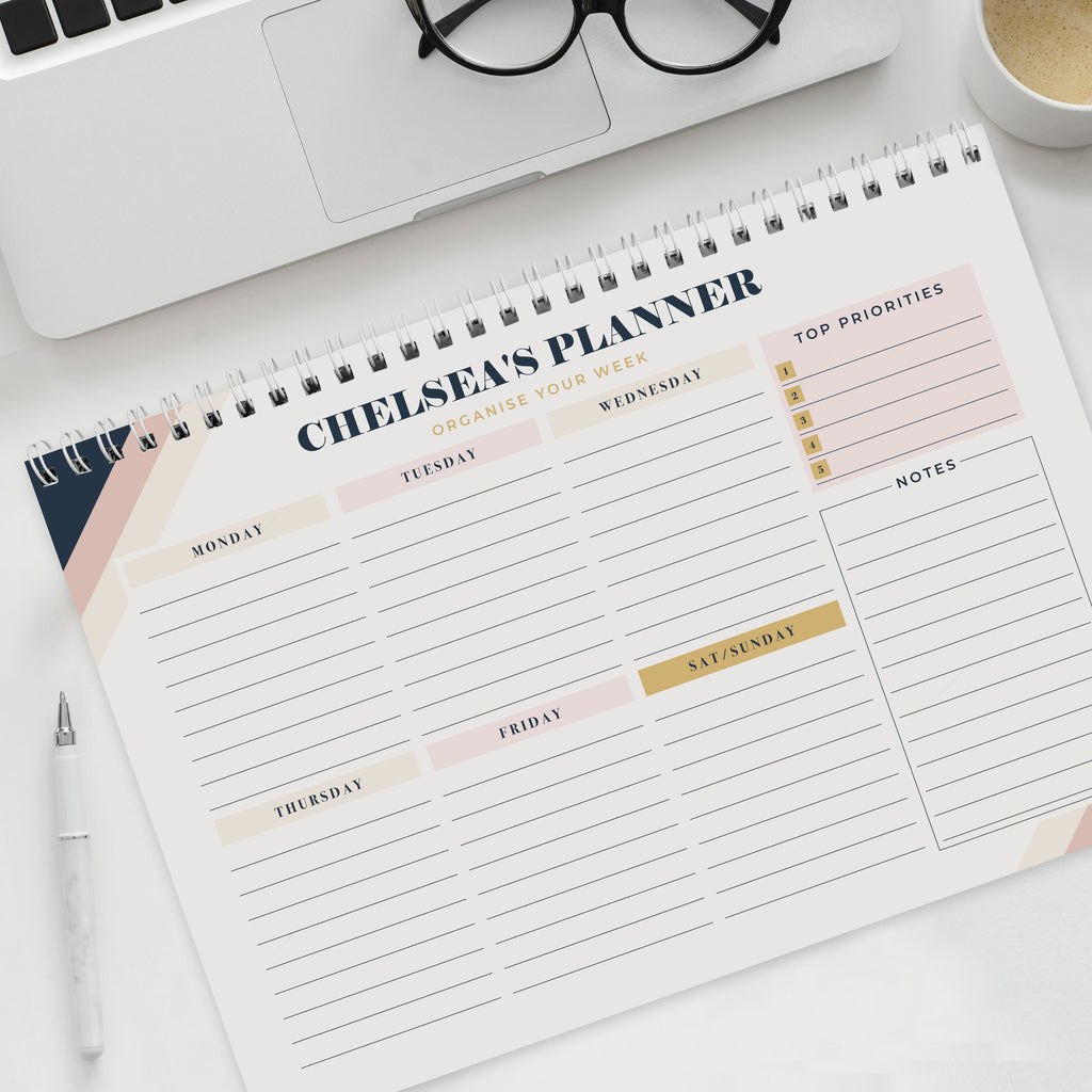 Personalised Free Text Navy & Blush A4 Desk Planner | Stationery & Pens | Inspired Creative Gifts