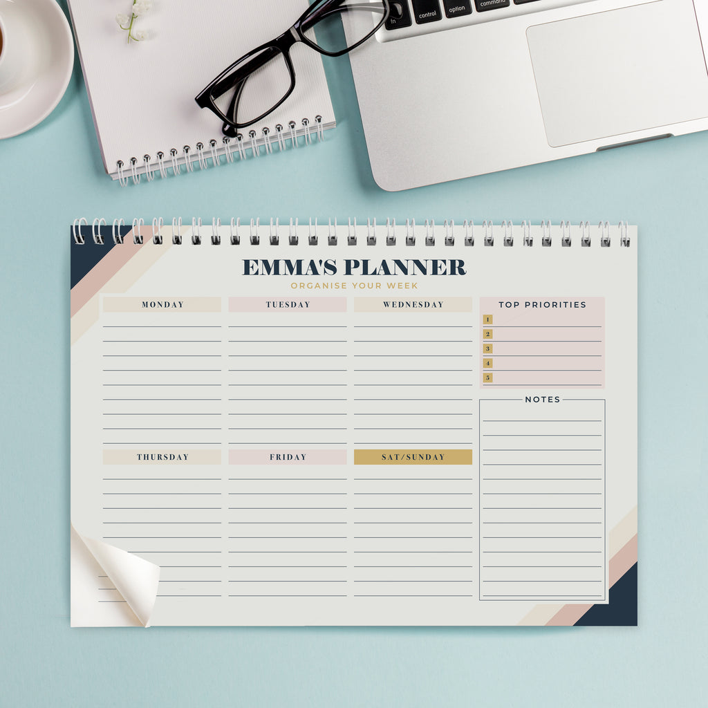 Personalised Free Text Navy & Blush A4 Desk Planner | Stationery & Pens | Inspired Creative Gifts