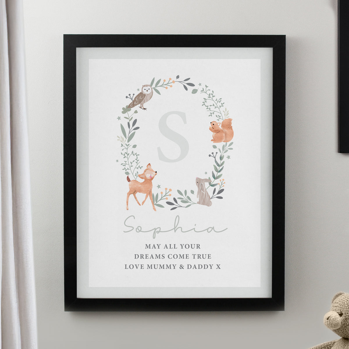 Personalised Woodland Initial Black Poster Frame | Framed Prints | New Baby Gift