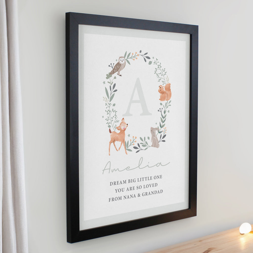 Personalised Woodland Initial Black Poster Frame | Framed Prints | New Baby Gift