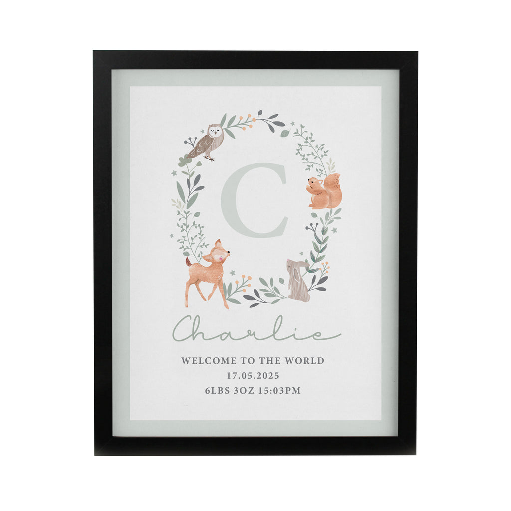 Personalised Woodland Initial Black Poster Frame | Framed Prints | New Baby Gift
