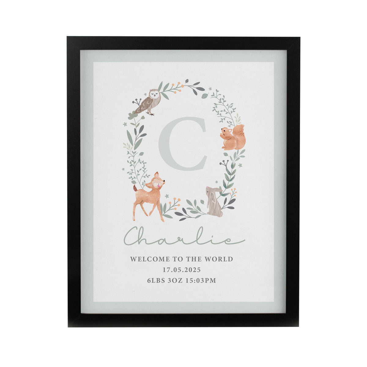 Personalised Woodland Initial Black Poster Frame | Framed Prints | New Baby Gift