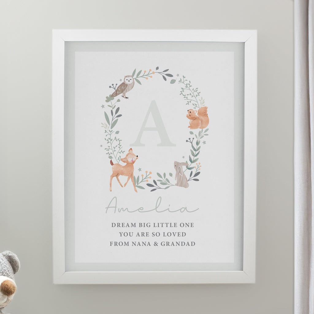 Personalised Woodland Initial White Poster Frame | New Baby Gift