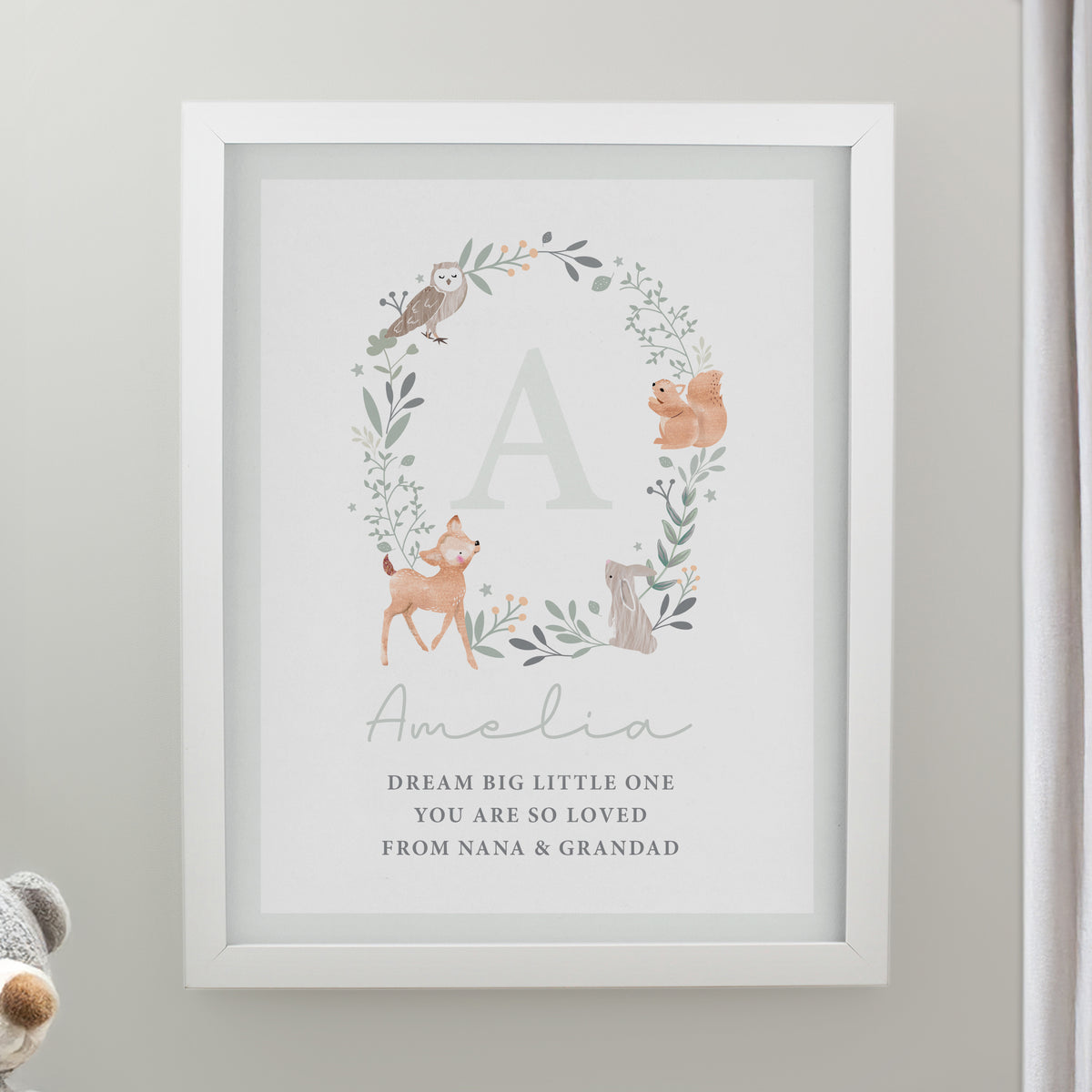 Personalised Woodland Initial White Poster Frame | New Baby Gift
