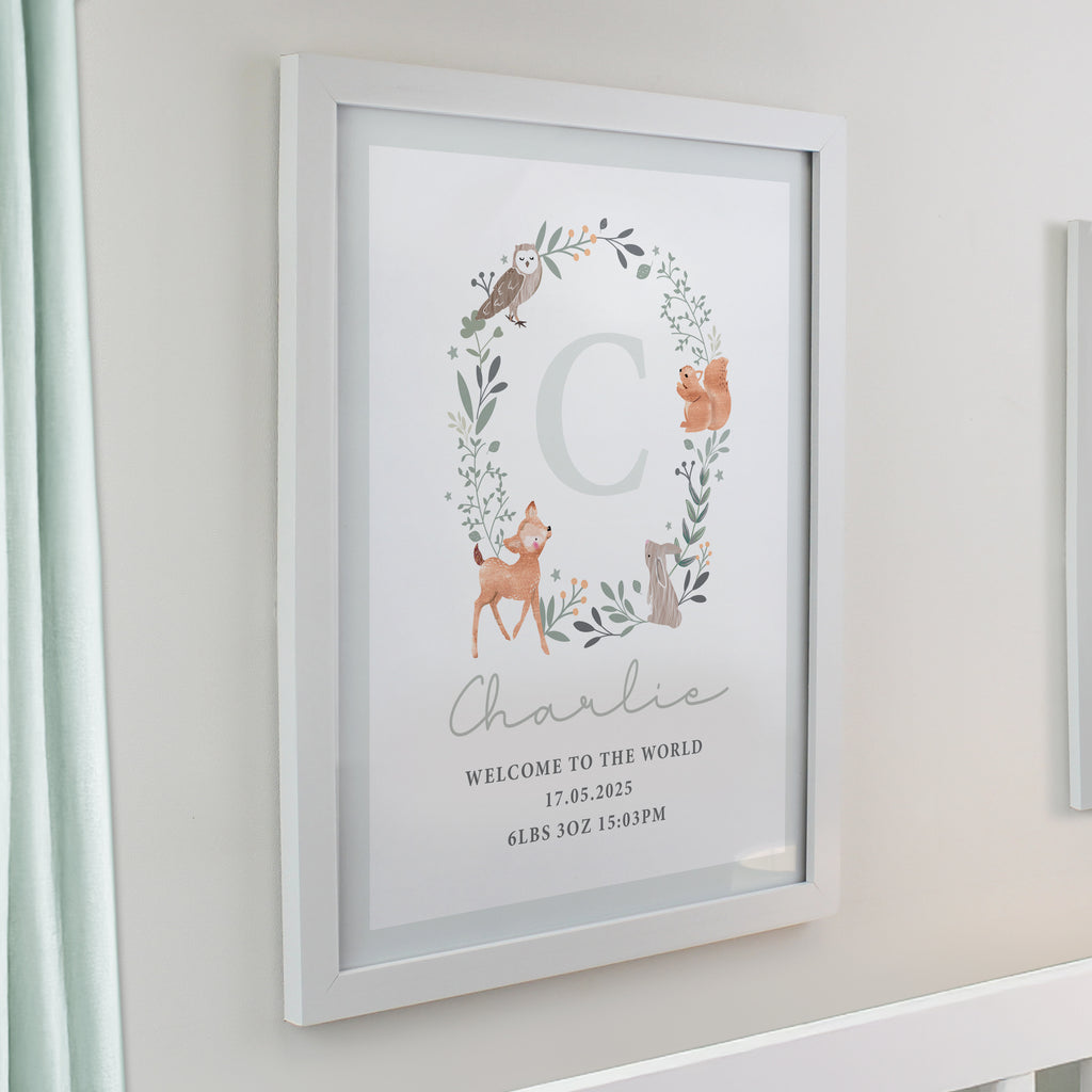 Personalised Woodland Initial White Poster Frame | New Baby Gift