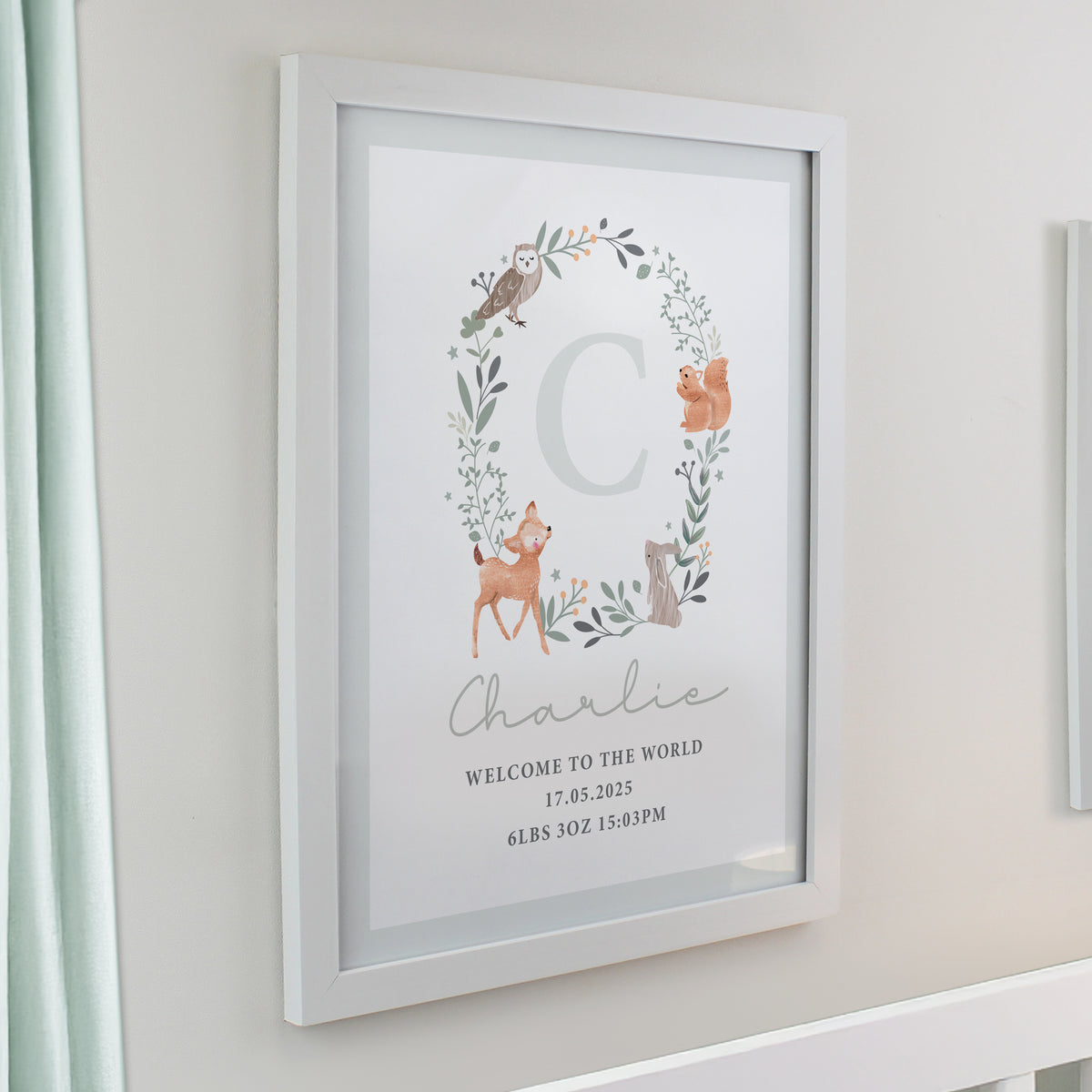 Personalised Woodland Initial White Poster Frame | New Baby Gift