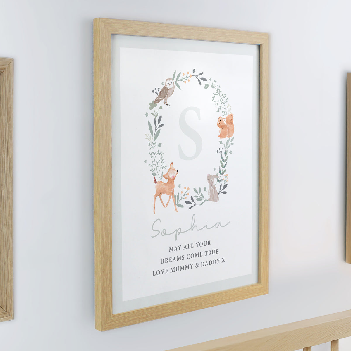 Personalised Woodland Initial Oak Poster Frame | Framed Prints | New Baby Gift