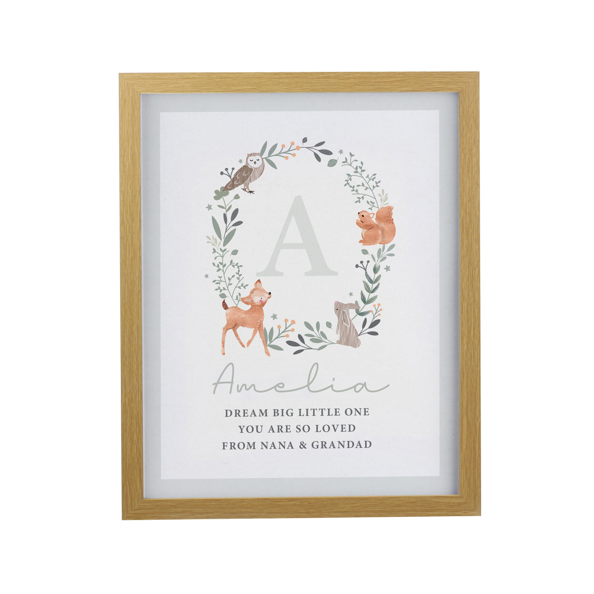 Personalised Woodland Initial Oak Poster Frame | Framed Prints | New Baby Gift