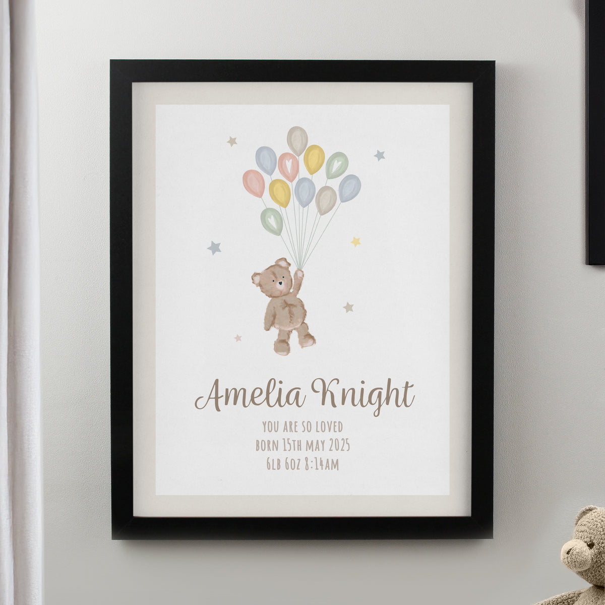 Personalised Teddy Balloon Black Poster Frame | Framed Prints | New Baby Gift