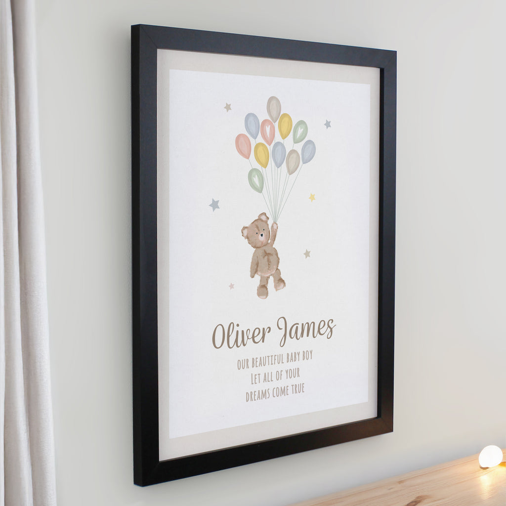 Personalised Teddy Balloon Black Poster Frame | Framed Prints | New Baby Gift