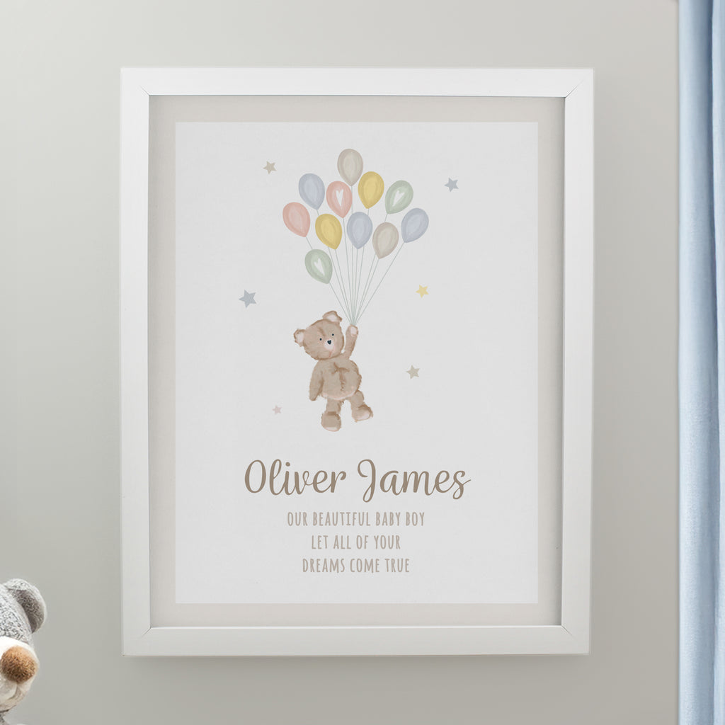 Personalised Teddy Balloon White Poster Frame | New Baby Gift
