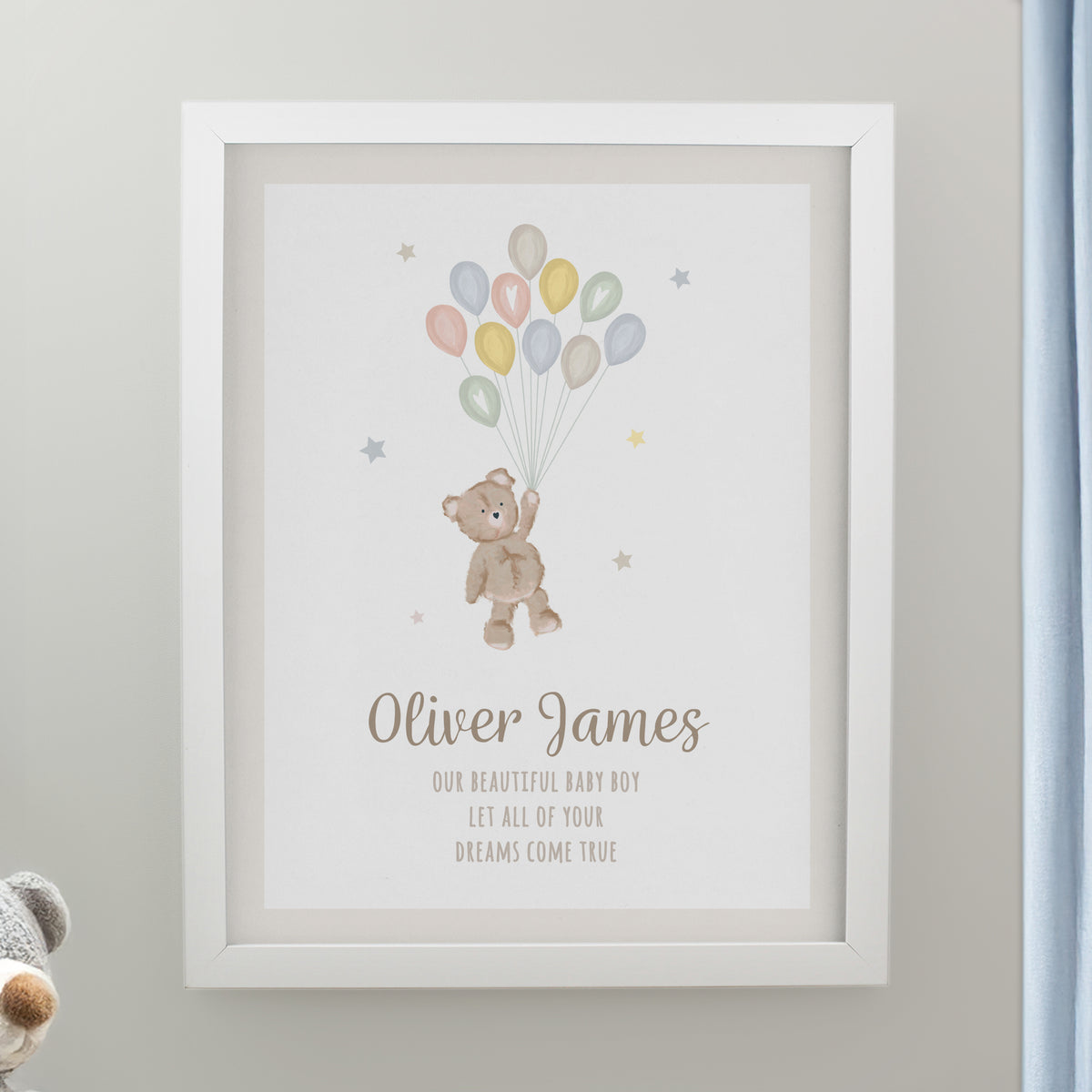Personalised Teddy Balloon White Poster Frame | New Baby Gift