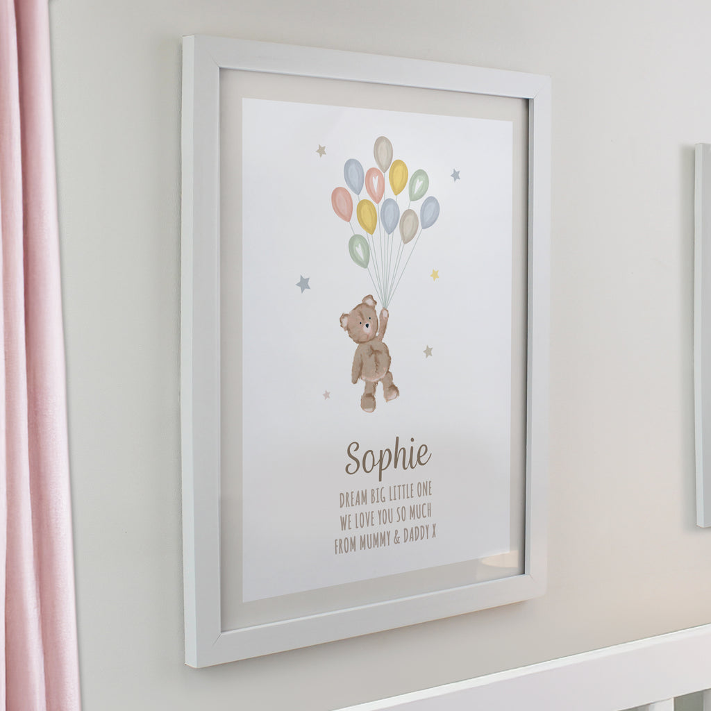 Personalised Teddy Balloon White Poster Frame | New Baby Gift