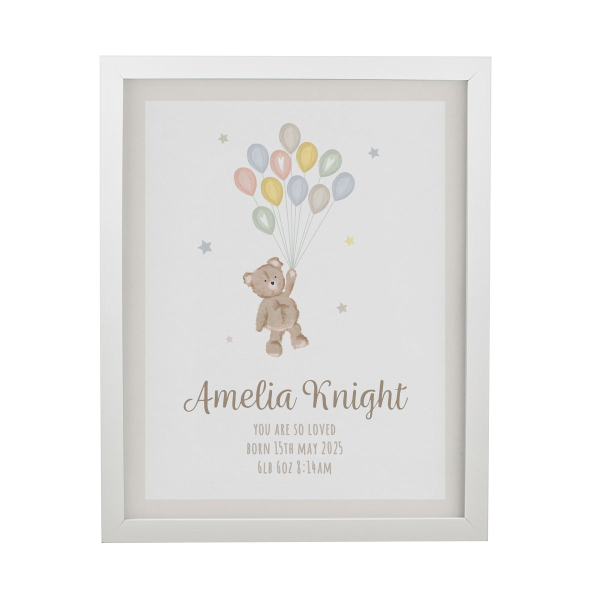 Personalised Teddy Balloon White Poster Frame | New Baby Gift