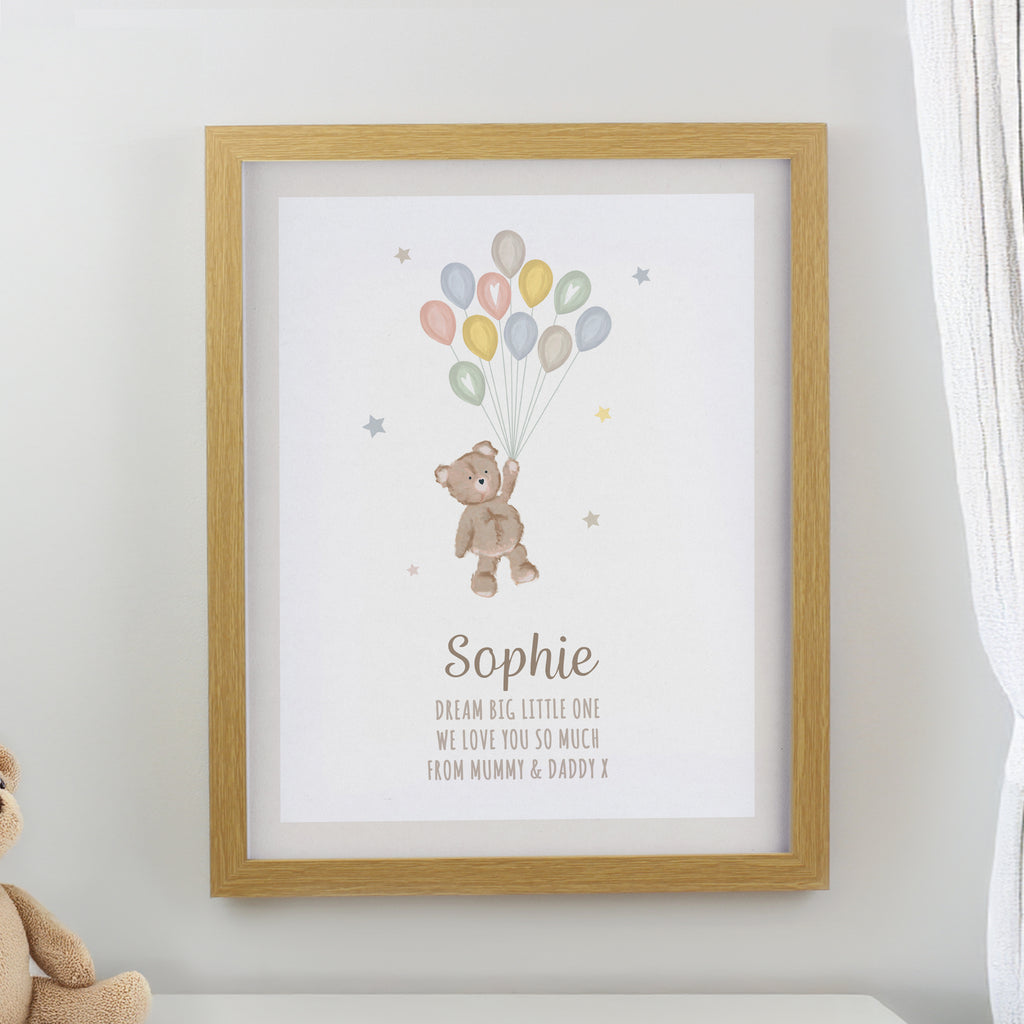 Personalised Teddy Balloon Oak Poster Frame | New Baby Gift