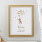 Personalised Teddy Balloon Oak Poster Frame | New Baby Gift