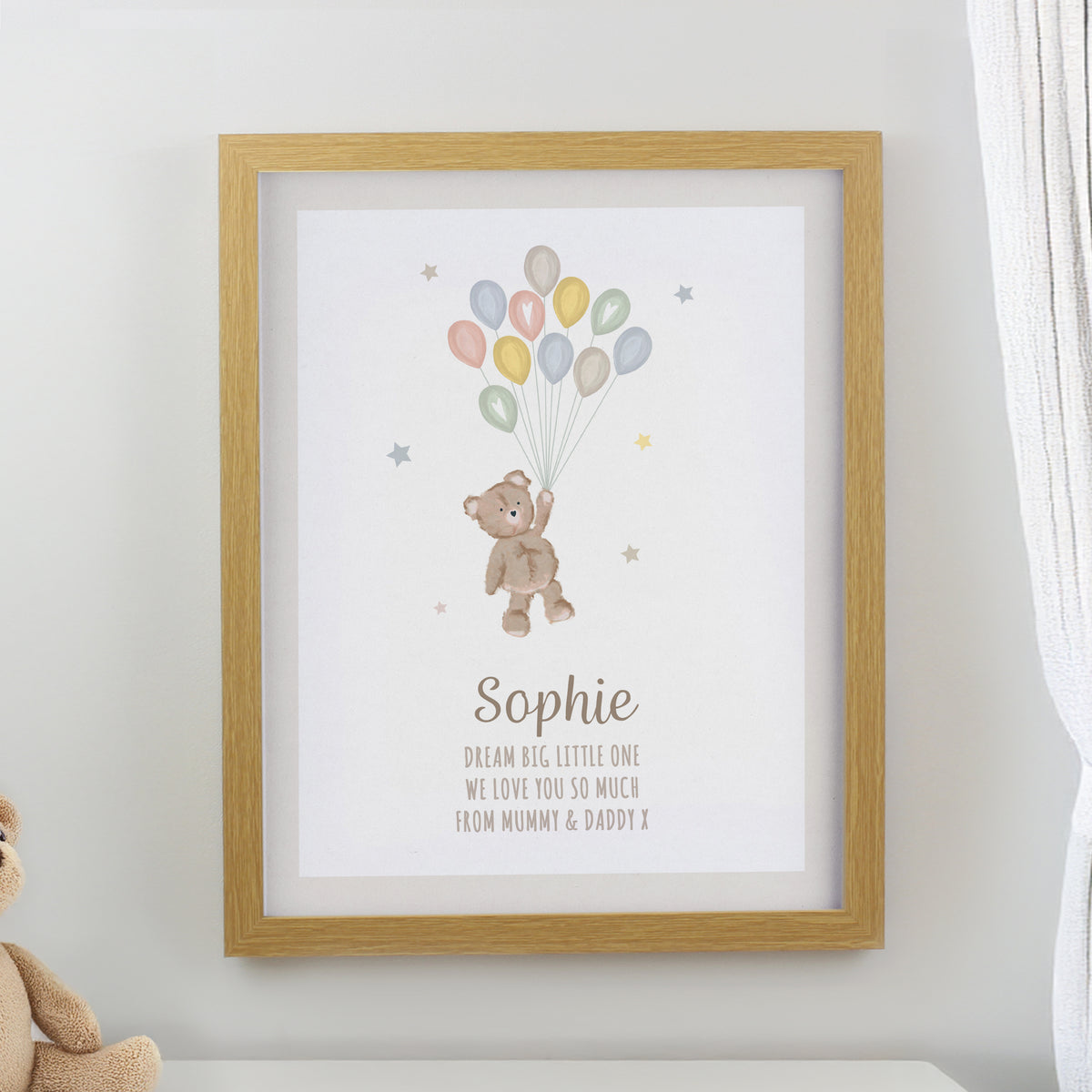 Personalised Teddy Balloon Oak Poster Frame | New Baby Gift