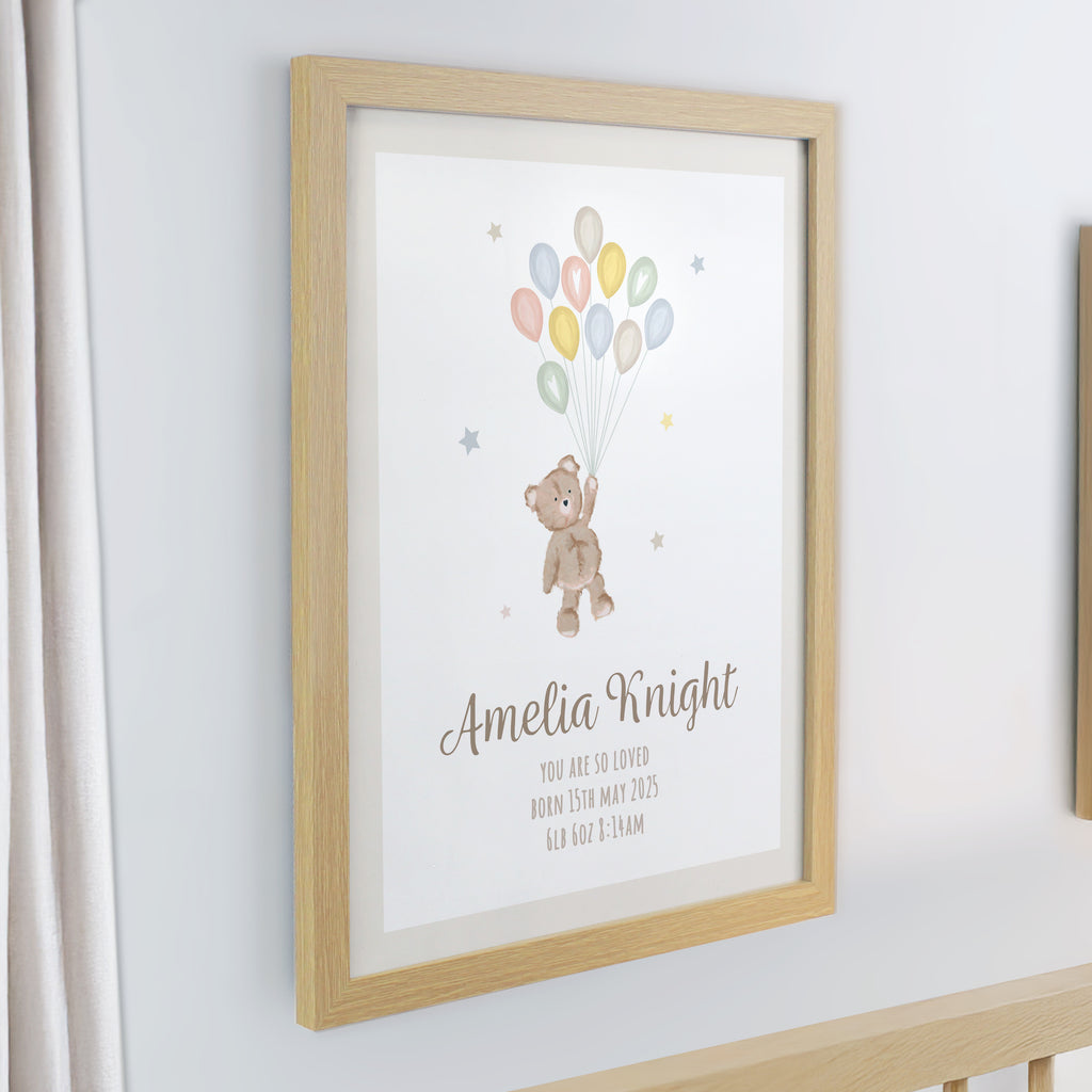 Personalised Teddy Balloon Oak Poster Frame | New Baby Gift
