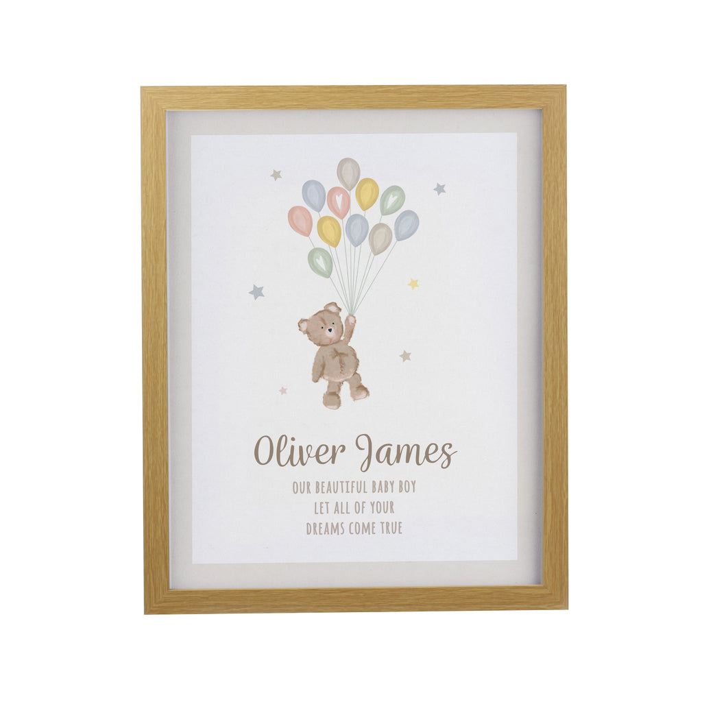 Personalised Teddy Balloon Oak Poster Frame | New Baby Gift