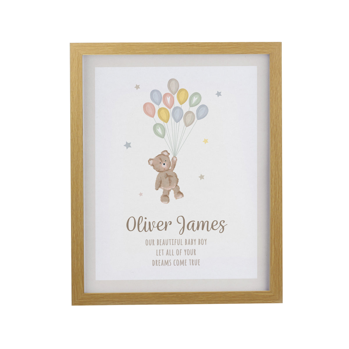 Personalised Teddy Balloon Oak Poster Frame | New Baby Gift