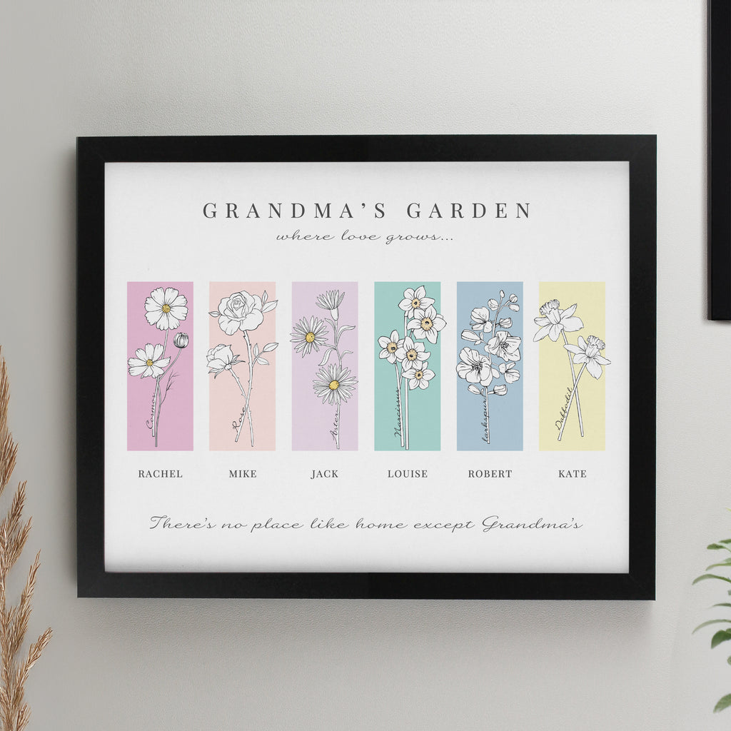 Personalised Birth Flower Family of 6 Black Framed Print | Mother's Day Gift