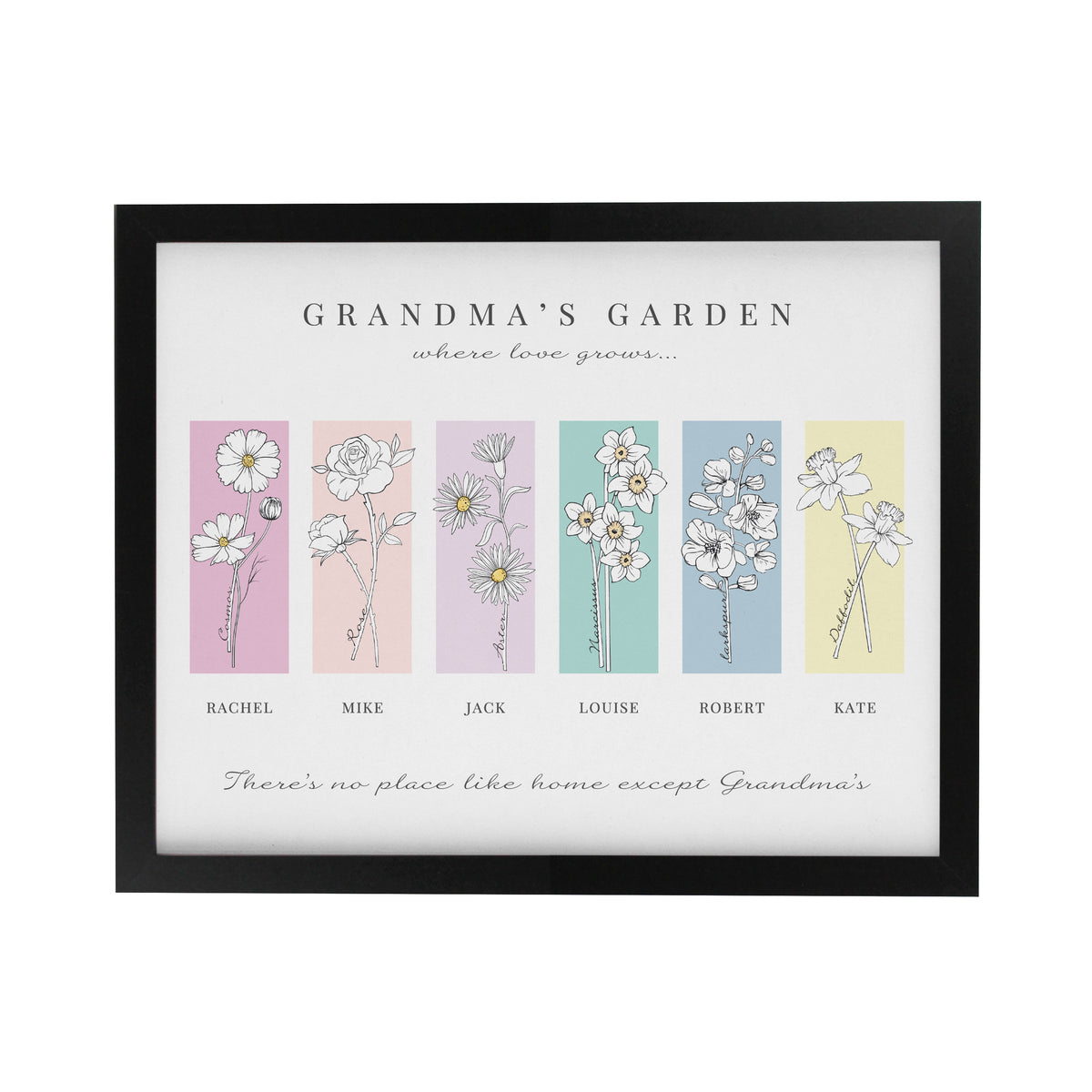 Personalised Birth Flower Family of 6 Black Framed Print | Mother's Day Gift
