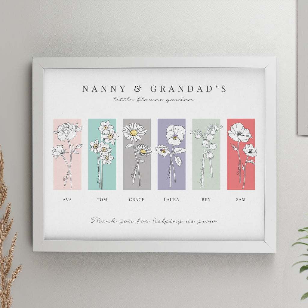 Personalised Birth Flower Family of 6 White Framed Print for Mother's Day